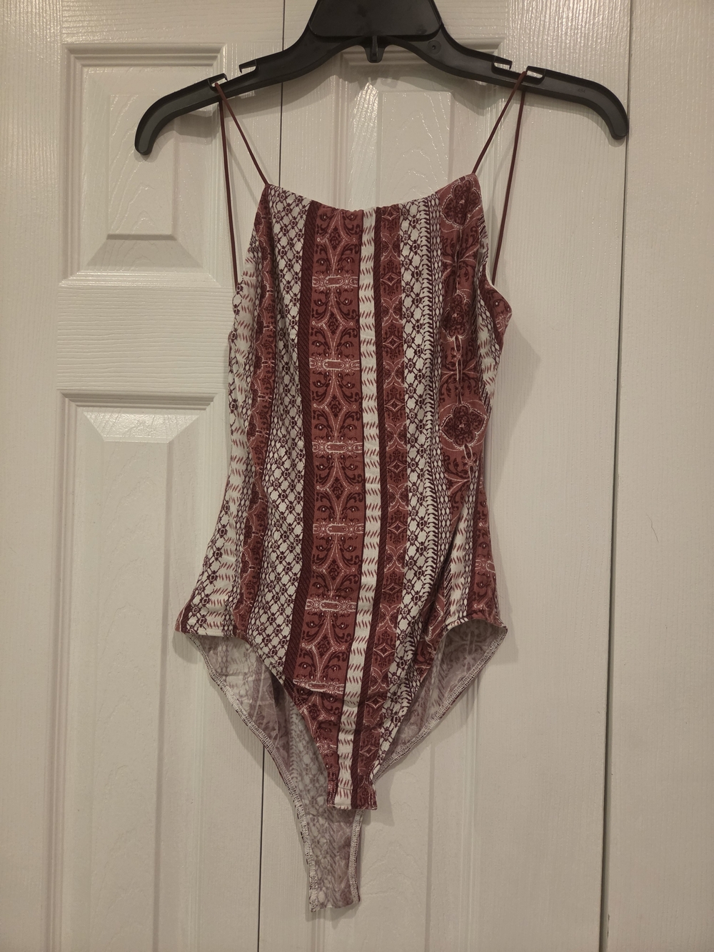 Bear Dance Strappy Bodysuit in Rust and Cream Paisley Stripe